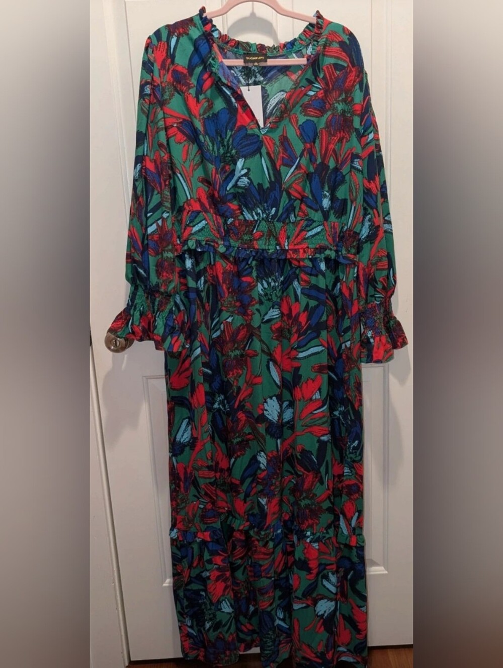 Sugarlips Green Floral Maxi Dress with Red & Blue Blooms